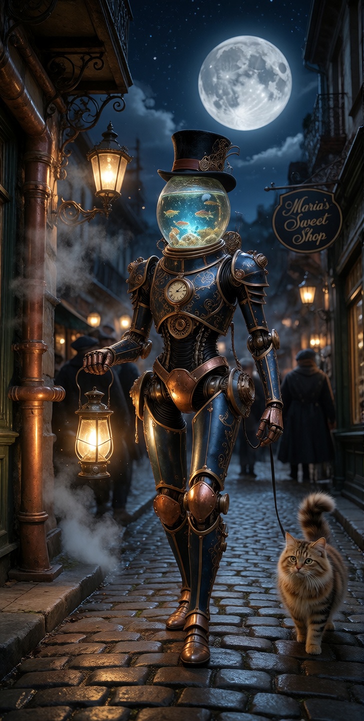 kutewackykolor,  grimmsfantasy,  A humanoid automaton strolls forward along a diagonal cobblestone path on Tensor.Art