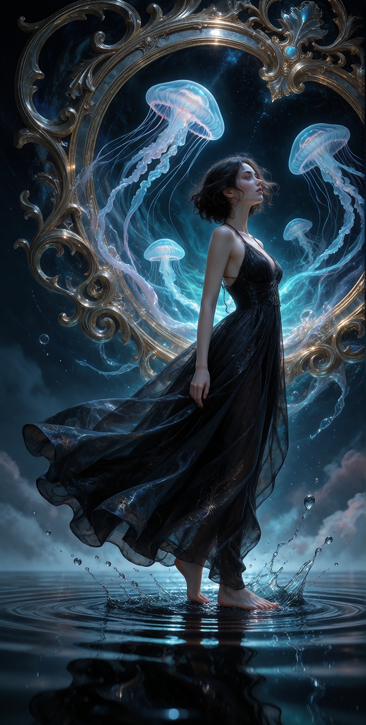 grimmsfantasy A pale woman with short dark hair stands in a low-angle profile,  her expression one of intense focus as she...