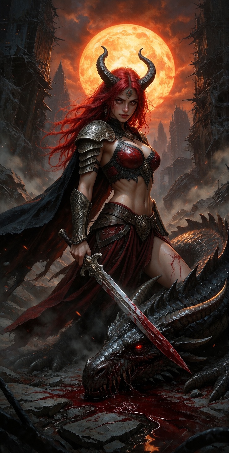 kutewackykolor,  grimmsfantasy,  A low-angle medium shot captures a moment of desolate triumph amidst the skeletal ruins o...