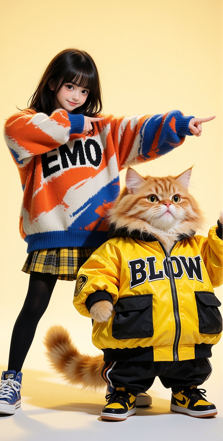 kutewackykolor A young girl and a rotund,  fluffy orange cat stand side-by-side in a posture of playful defiance,  centere...
