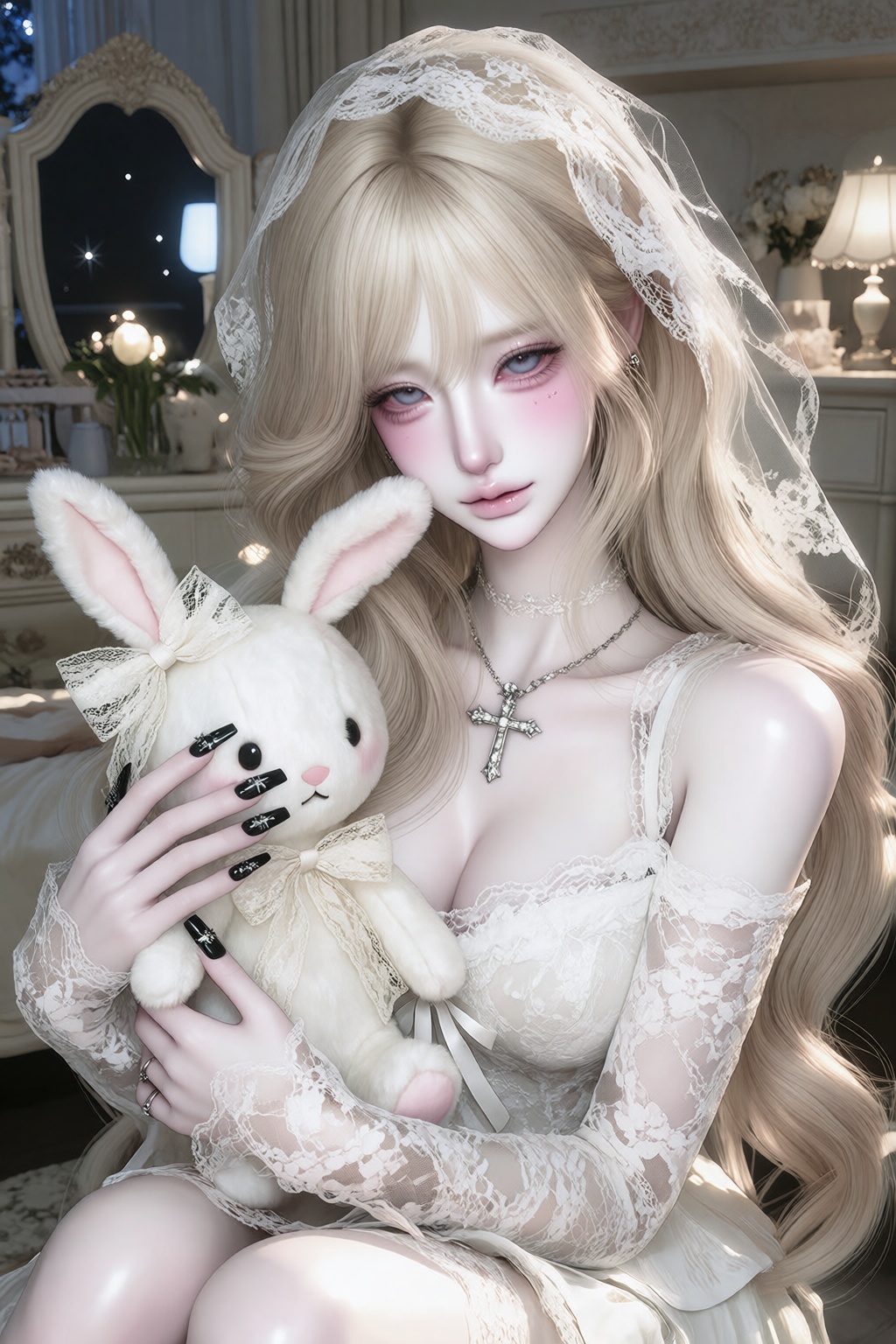(1. A woman) ,  blond long wavy hair,  (soft black blue eyes on Tensor.Art