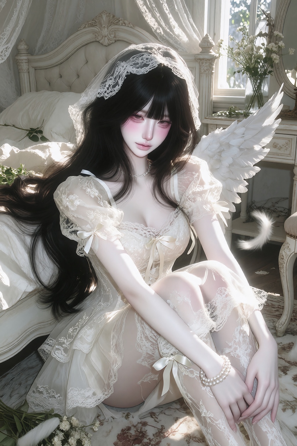 character: young woman with long dark hair and straight bangs,  soft natural texture outfit: ),  layered chiffon skirt on...
