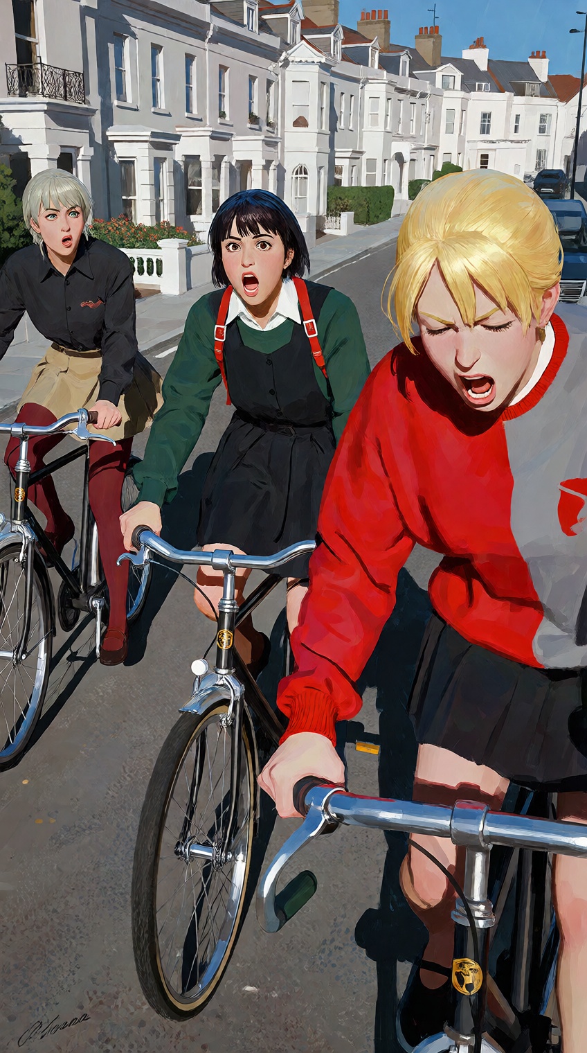 @zezhouchen,  a painterly digital illustration depicts three frantic young women speeding down a sunlit street on vintage...