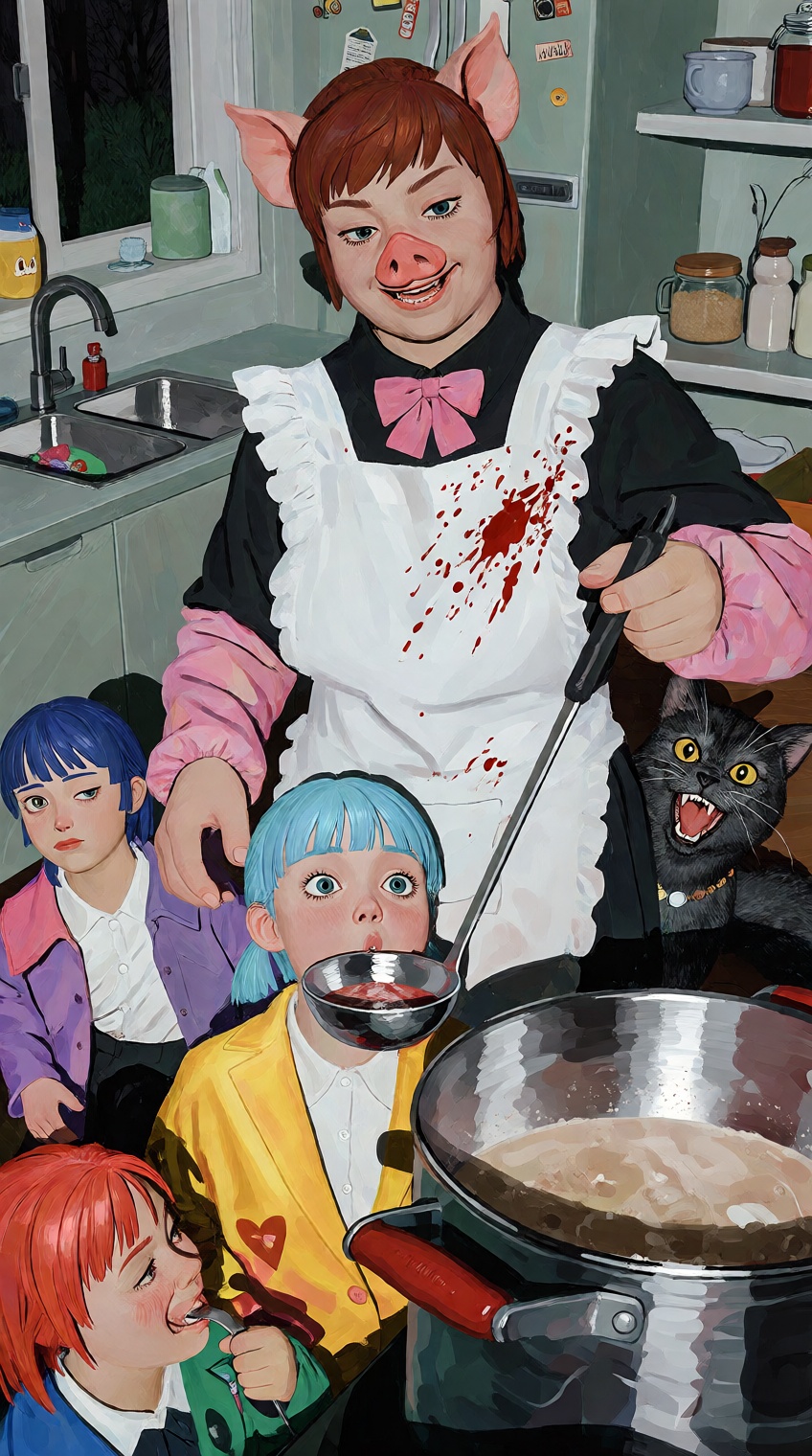 @zezhouchen,  a surreal painting depicts a humanoid figure with a pigs head and ears,  wearing a black shirt on Tensor.Art