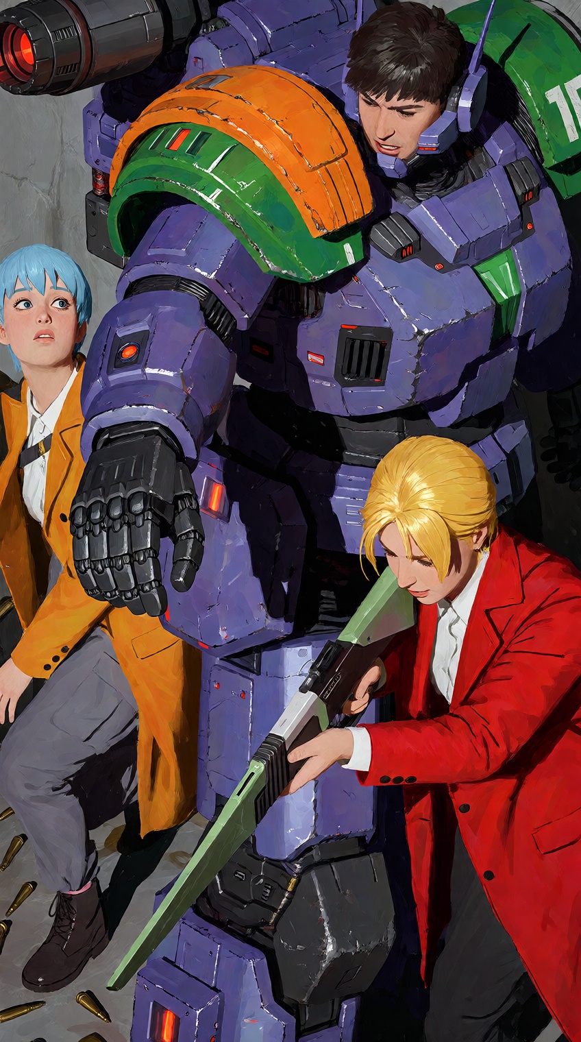 @zezhouchen,  a painterly digital illustration depicts three figures alongside a towering purple mecha,  the robot dominat...