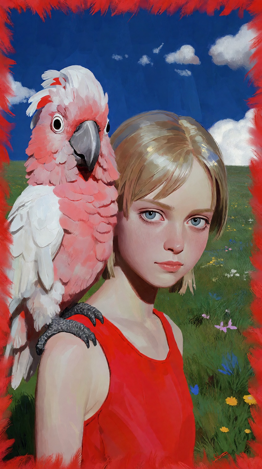 @zezhouchen,  a painterly digital illustration depicts a young blond women and a vibrant pink bird in an open field framed...