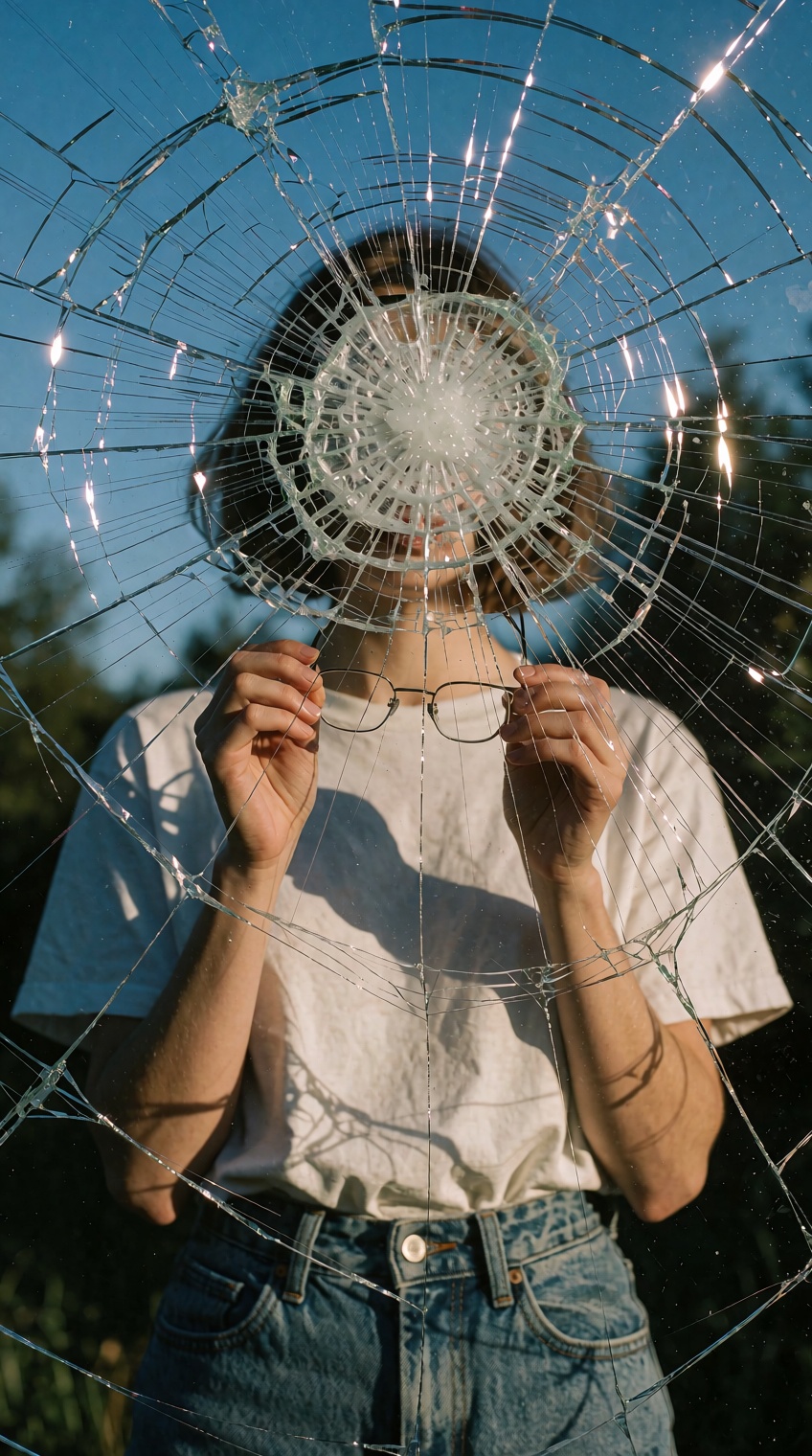 In a conceptual photograph,  a person stands outdoors behind a heavily shattered sheet of glass that completely obscures t...