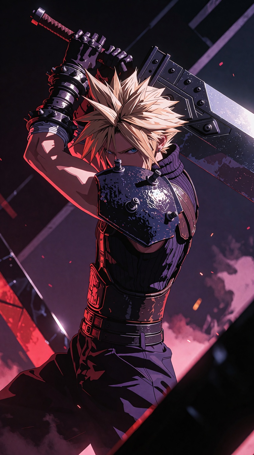 Subject and action: Cloud Strife stands in a dynamic,  heroic pose,  his massive Buster Blade held high above his head on...