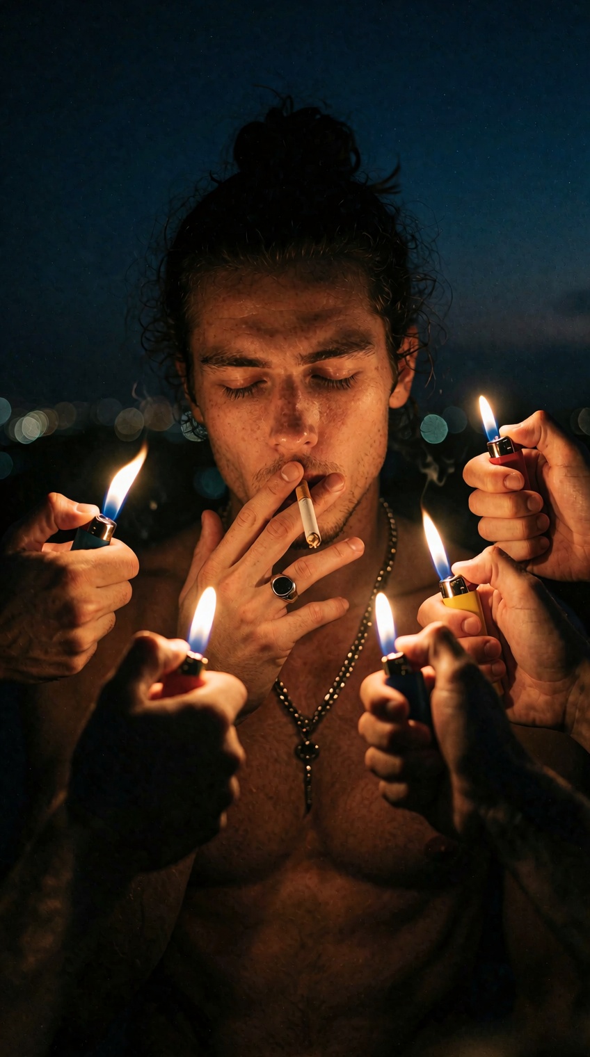 A dramatic nighttime photograph captures a shirtless young man with dark hair tied into a top bun,  his eyes gently closed...