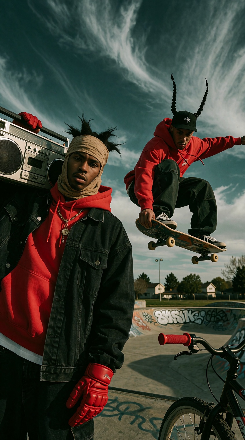 A dynamic street-style photograph features two men at a concrete skatepark beneath a moody,  cloud-streaked teal sky. In t...