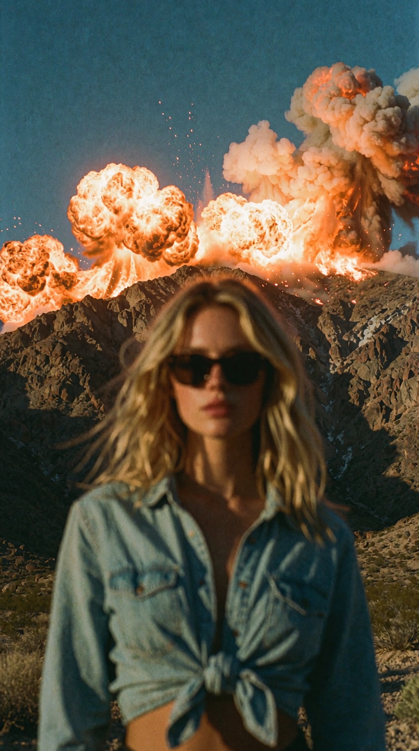 A cinematic film photograph captures a blonde woman standing nonchalantly in the foreground while a massive,  fiery explos...