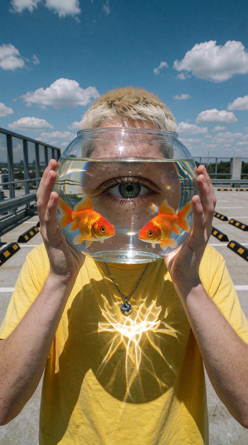 In a quirky outdoor photograph,  a person with short bleached-blonde hair holds a round glass fishbowl directly in front o...