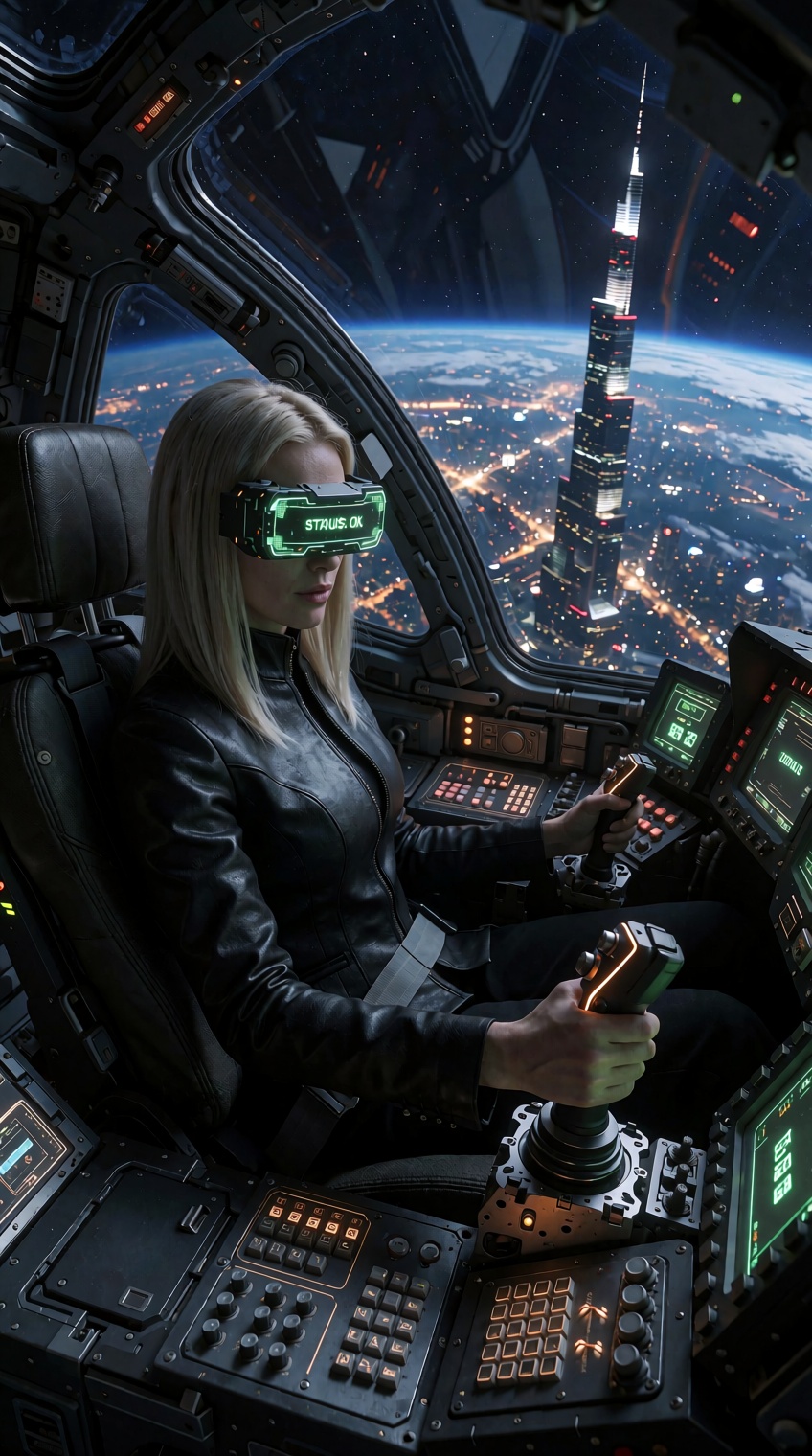 In a futuristic sci-fi digital artwork,  a woman with straight blonde hair sits in the cockpit of an advanced aircraft hig...