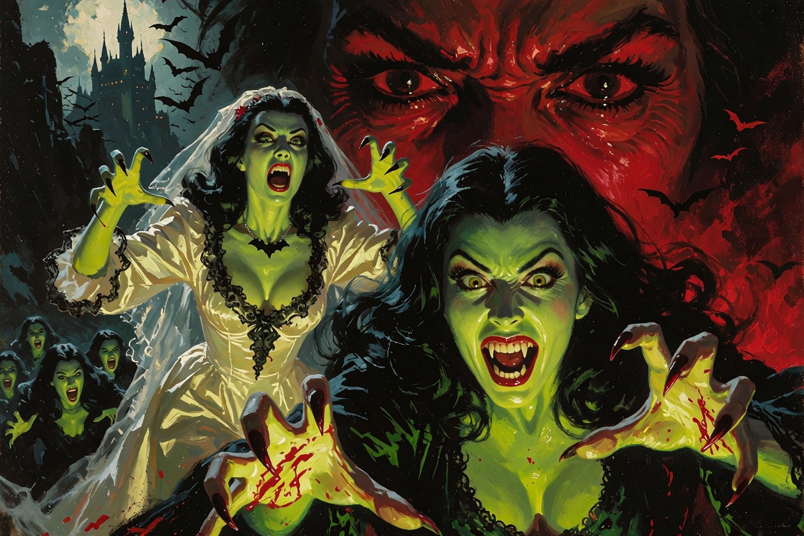 A vintage 1970s horror pulp oil painting depicting an onslaught of bloodthirsty vampiresses bathed in sickening neon-green...