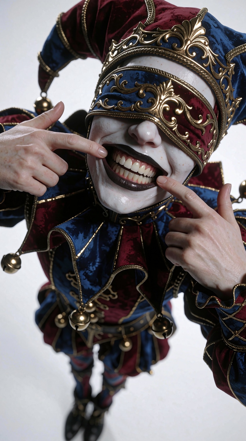 In a dramatic high-angle digital render,  an ornate harlequin figure leans forward and looks upward,  using both index fin...
