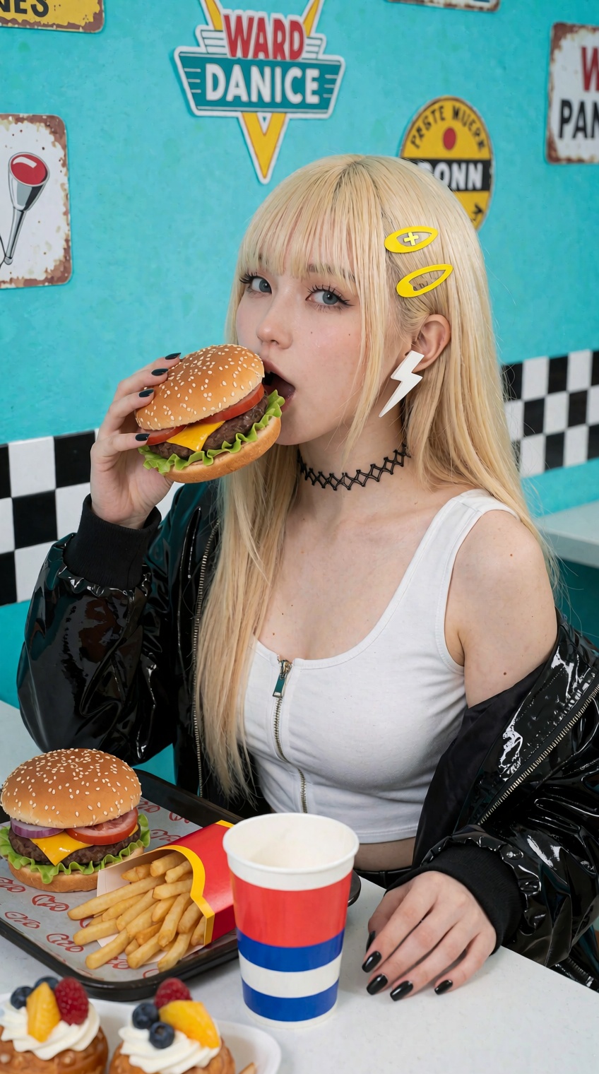 A brightly lit studio photograph captures a young woman with long blonde hair seated at a counter,  raising a sesame seed...