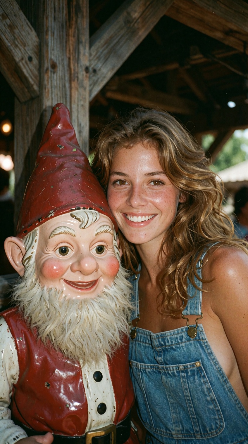 A candid 1980s summer snapshot captures a radiant young woman standing shoulder-to-shoulder with a life-sized vintage amus...