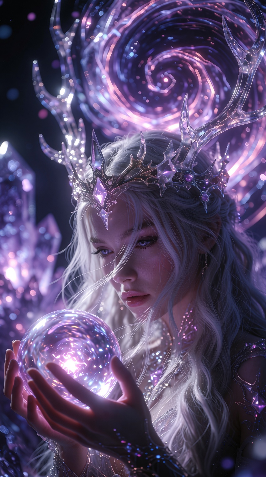 A mystical fantasy portrait features a woman with long,  cascading silvery-white hair gazing downward as she cradles a glo...