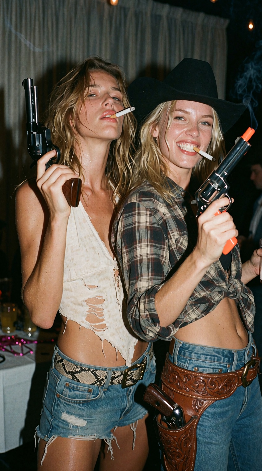 A candid late-night party photograph captures two women leaning together with rebellious swagger in western attire. On the...