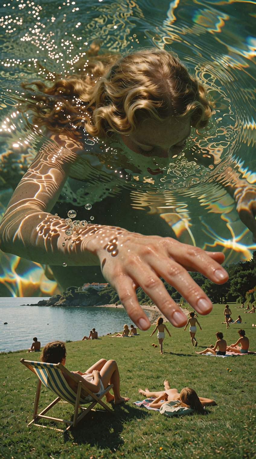 A surreal vintage-style photocollage blends a retro coastal scene with a colossal aquatic figure looming overhead. Across...