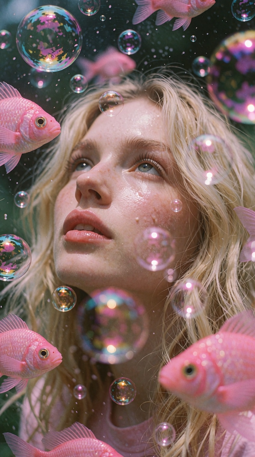 An indie sleaze style photo of a blonde woman gazing upwards,  surrounded by floating pink bubbles and surreal pink fish o...