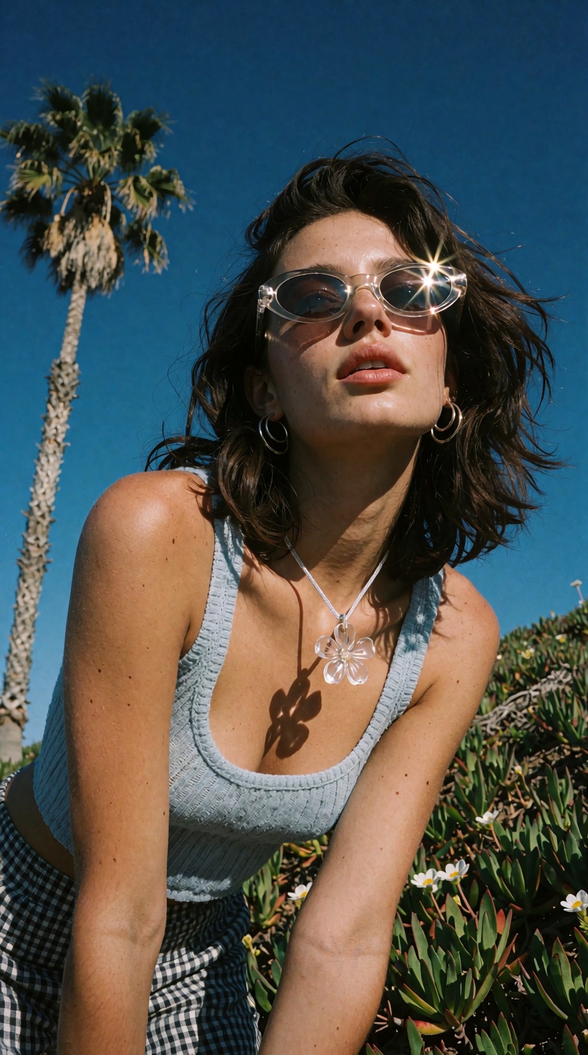 A vibrant,  low-angle outdoor photograph captures a young woman leaning forward against a vivid,  deep blue sky on Tensor.Art