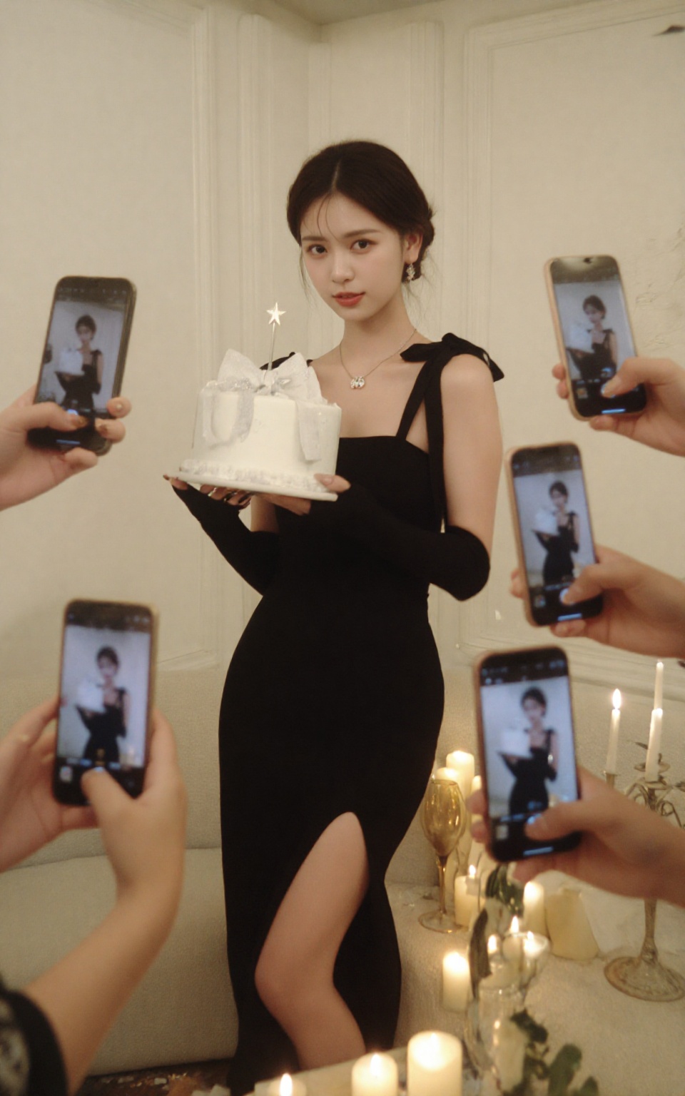 This is a photograph capturing a glamorous and festive scene. The central subject is a young woman with fair skin and dark...