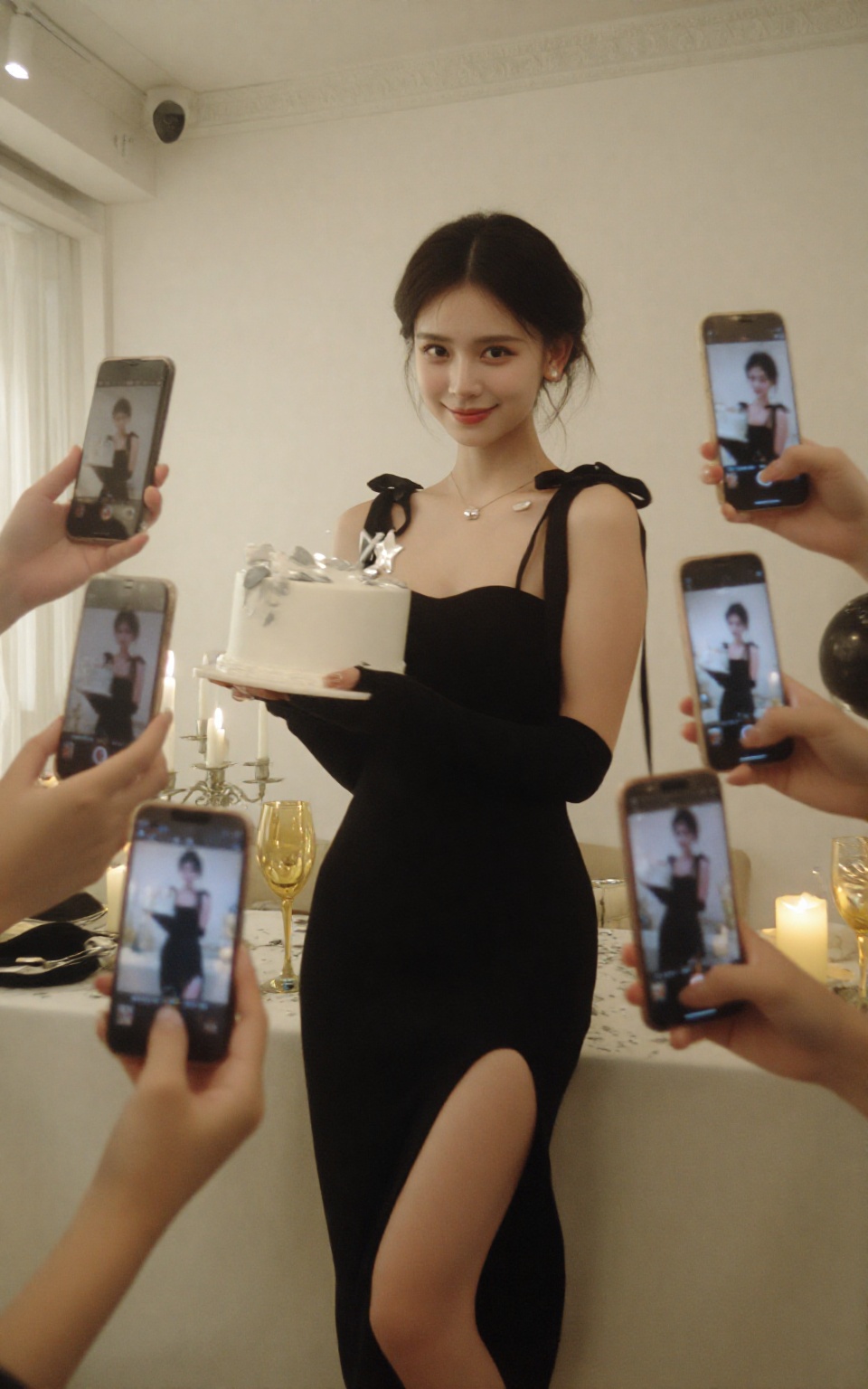 This is a photograph capturing a glamorous and festive scene. The central subject is a young woman with fair skin and dark...