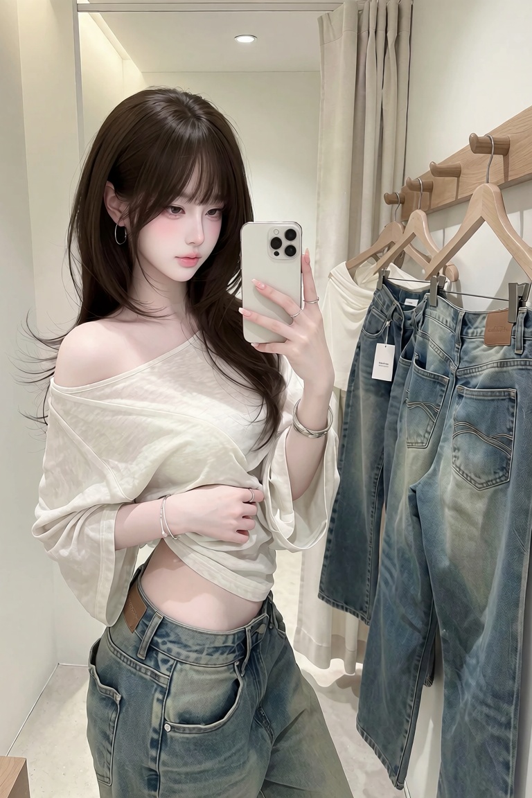 layered hush cut with soft air bangs,  A photorealistic Korean fashion mirror selfie of a young ***** woman standing insid...