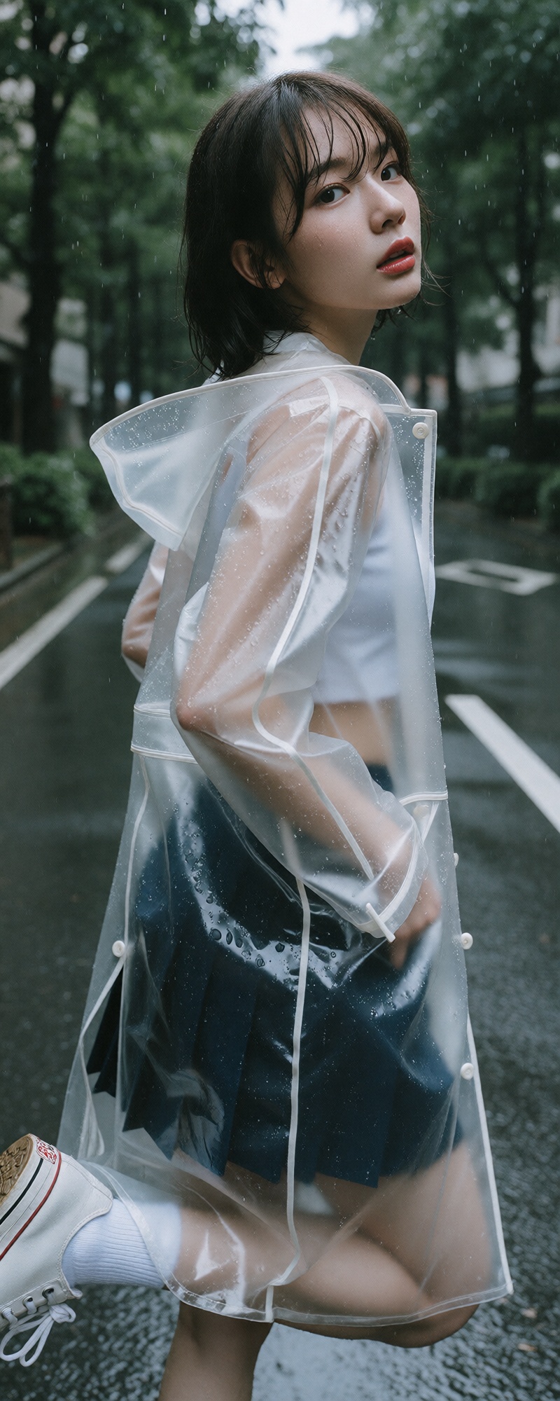 This 8K-resolution,  high-angle shot captures a fair-skinned Asian girl with short black hair and water droplets on her sk...