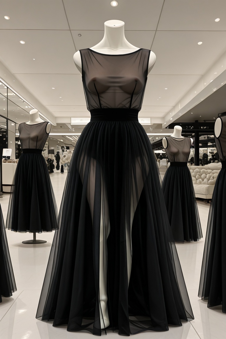 A headless department store mannequin,  wearing a black tulle dress,  flat colors on Tensor.Art