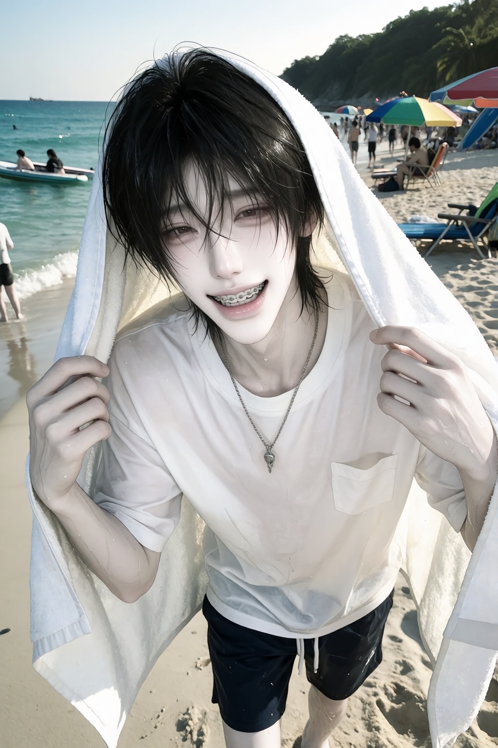 1boy,  wet fluffy black hair,  pose: ))) on Tensor.Art