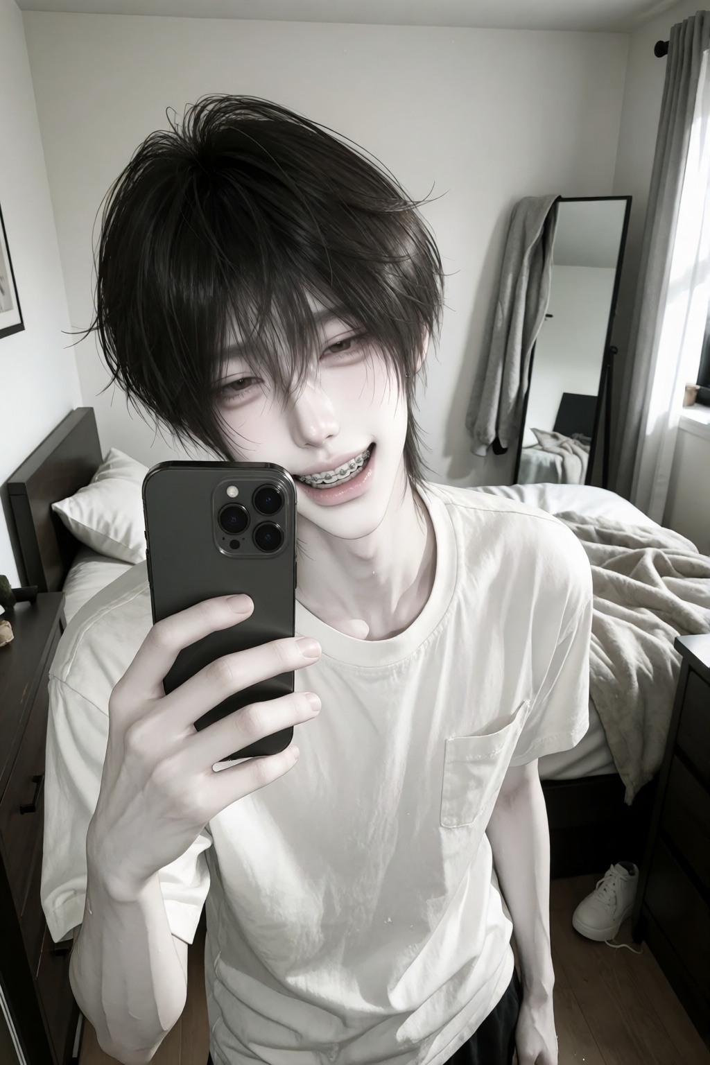 1boy,  pose: ))),  body casually leaning against the side of a dresser on Tensor.Art