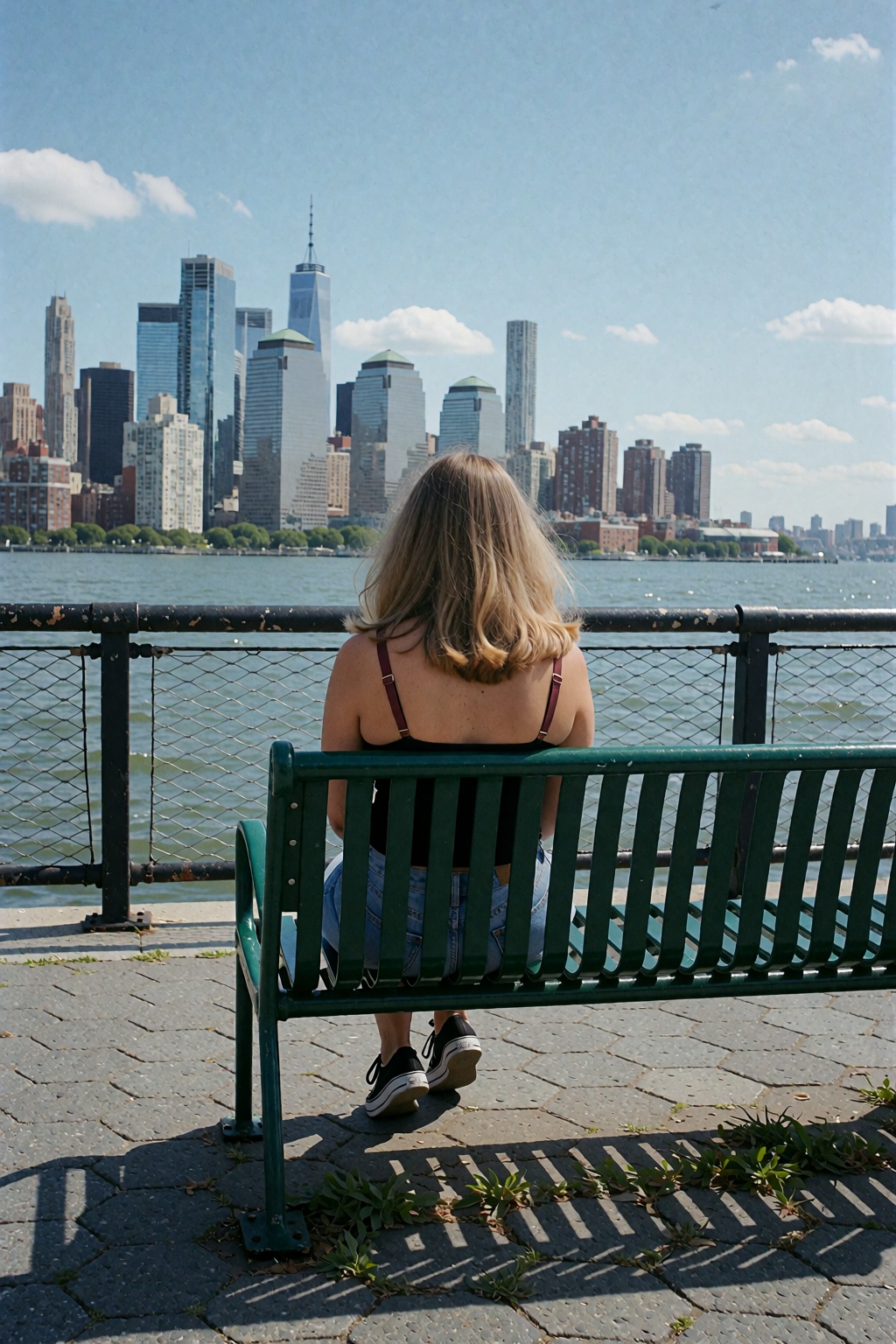 A person with light-brown hair sits on a green metal bench,  facing away from the camera,  looking out over a body of wate...
