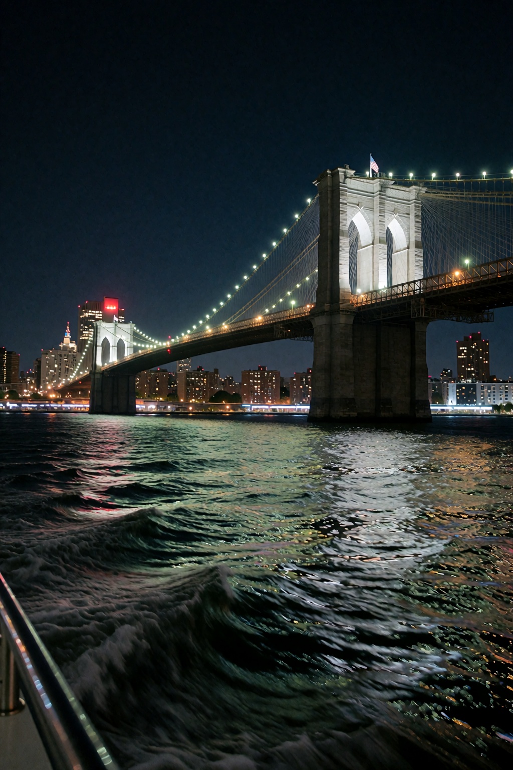 This is a stunning nighttime photograph capturing the Brooklyn Bridge from a vantage point on the water,  likely from a bo...