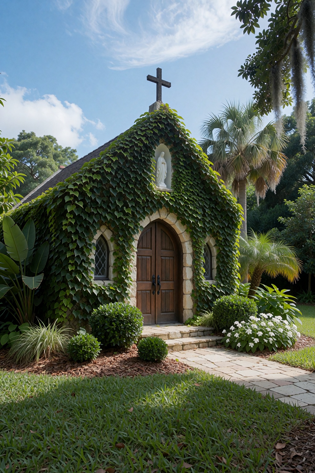 This is a picturesque,  sunlit photograph of a charming,  ivy-covered chapel or small church nestled in a lush on Tensor.Art