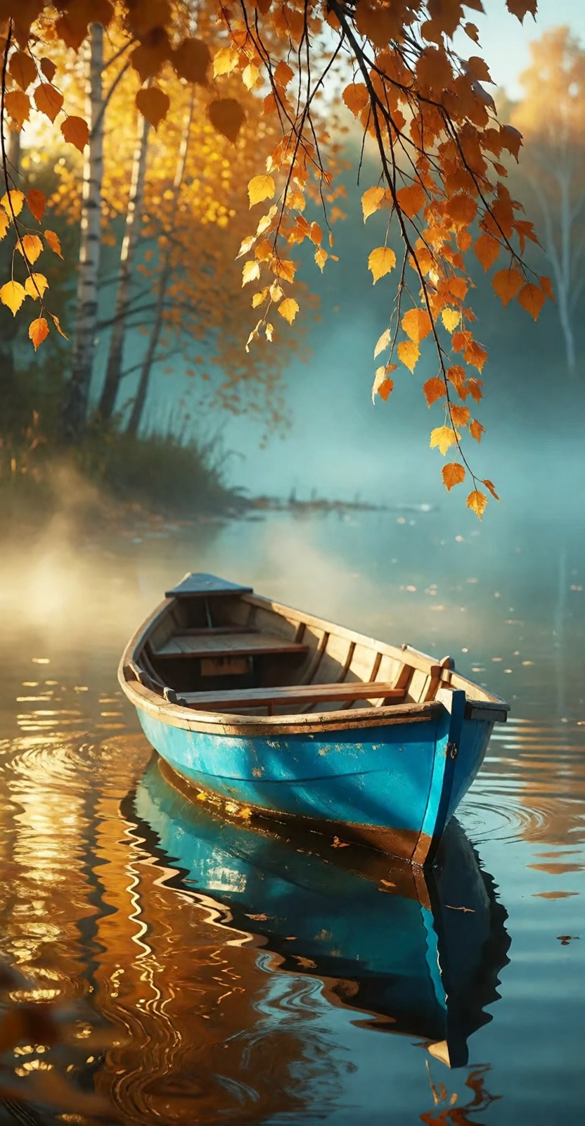 A serene autumn scene with a small empty wooden rowboat,  turquoise-blue hull and light-brown interior,  floating on calm...