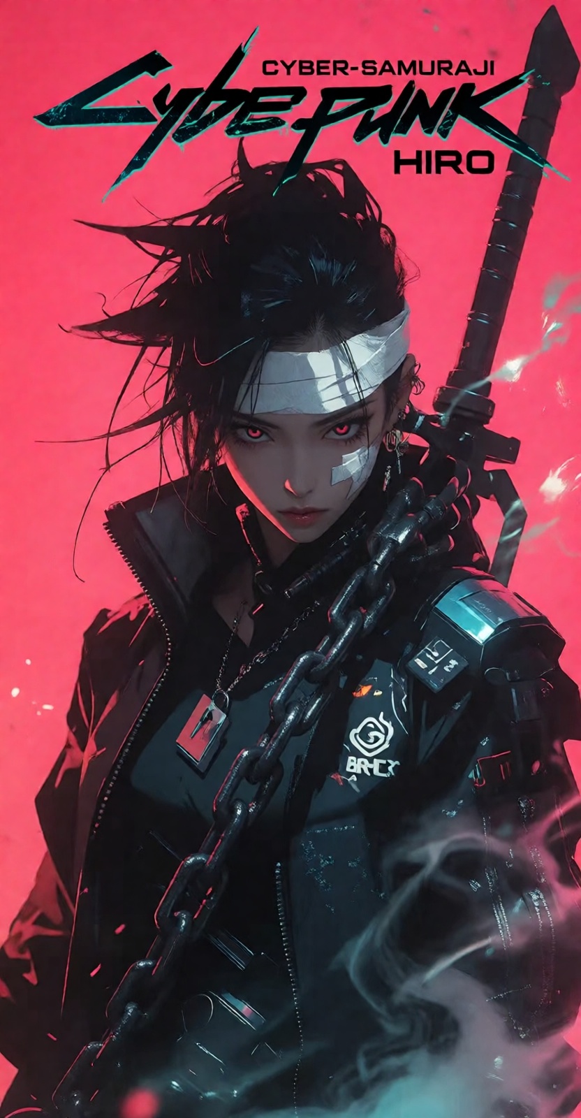 In the style of anime,  a cyberpunk warriorin front of a solid intense pink background,  huge boobs on Tensor.Art
