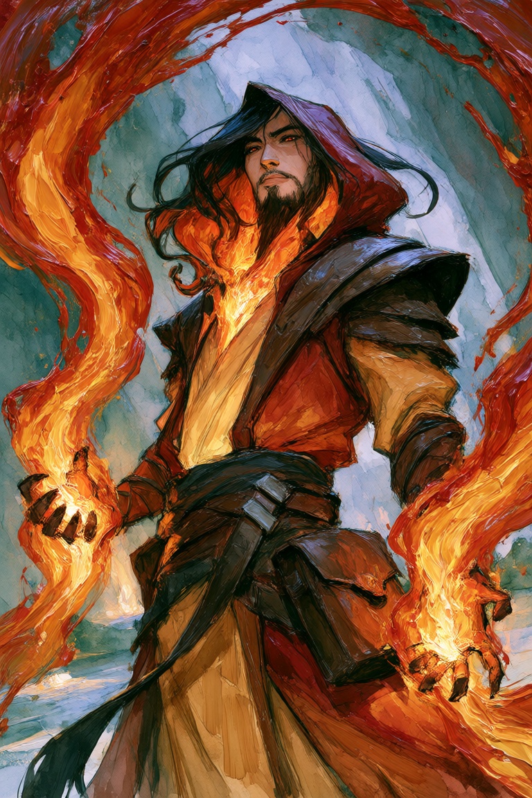 Create a watercolor portrait of a fiery mage with vibrant,  glowing flames around him. Use impasto techniques to enhance t...