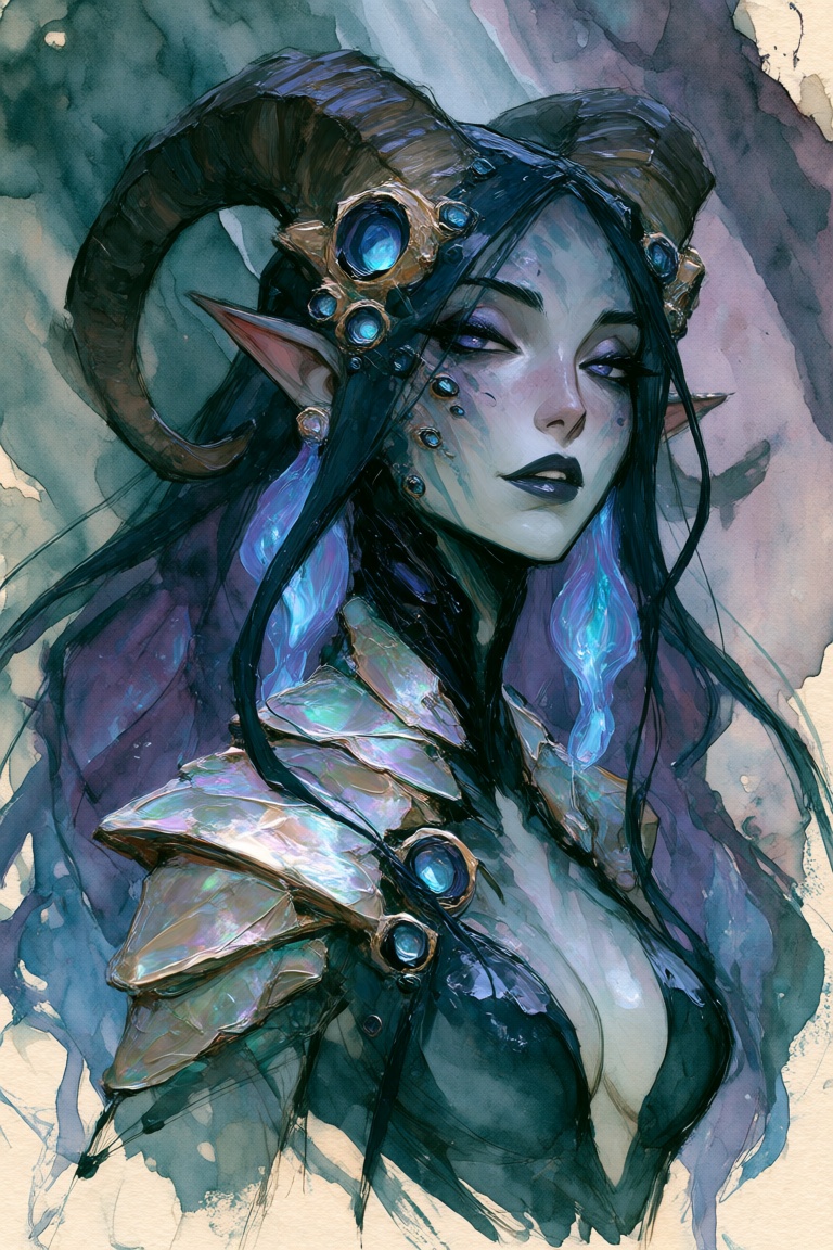 A close-up portrait of a deep-sea oracle on cold-pressed watercolor paper. The base is a fluid,  translucent watercolor pa...