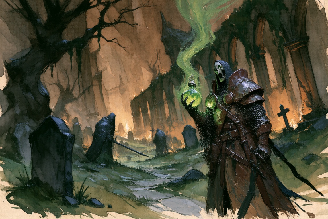 A moody,  nocturnal watercolor painting of a ruined abbey graveyard,  with soft on Tensor.Art