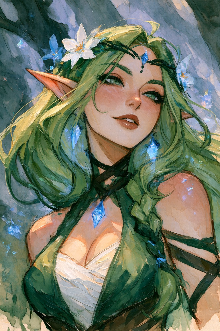 Watercolor painting of a beautiful elf woman. Layered impasto painting textured magical effect on Tensor.Art