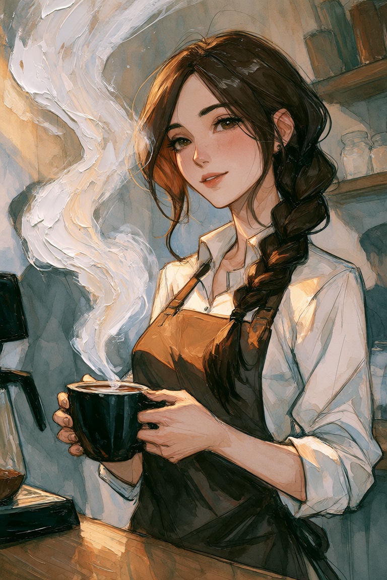 Create a watercolor portrait of a beautiful barista with soft,  flowing lines capturing her gentle expression and graceful...