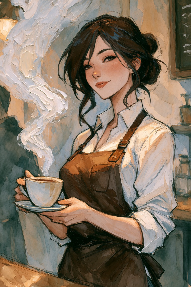 Create a watercolor portrait of a beautiful barista with soft,  flowing lines capturing her gentle expression and graceful...
