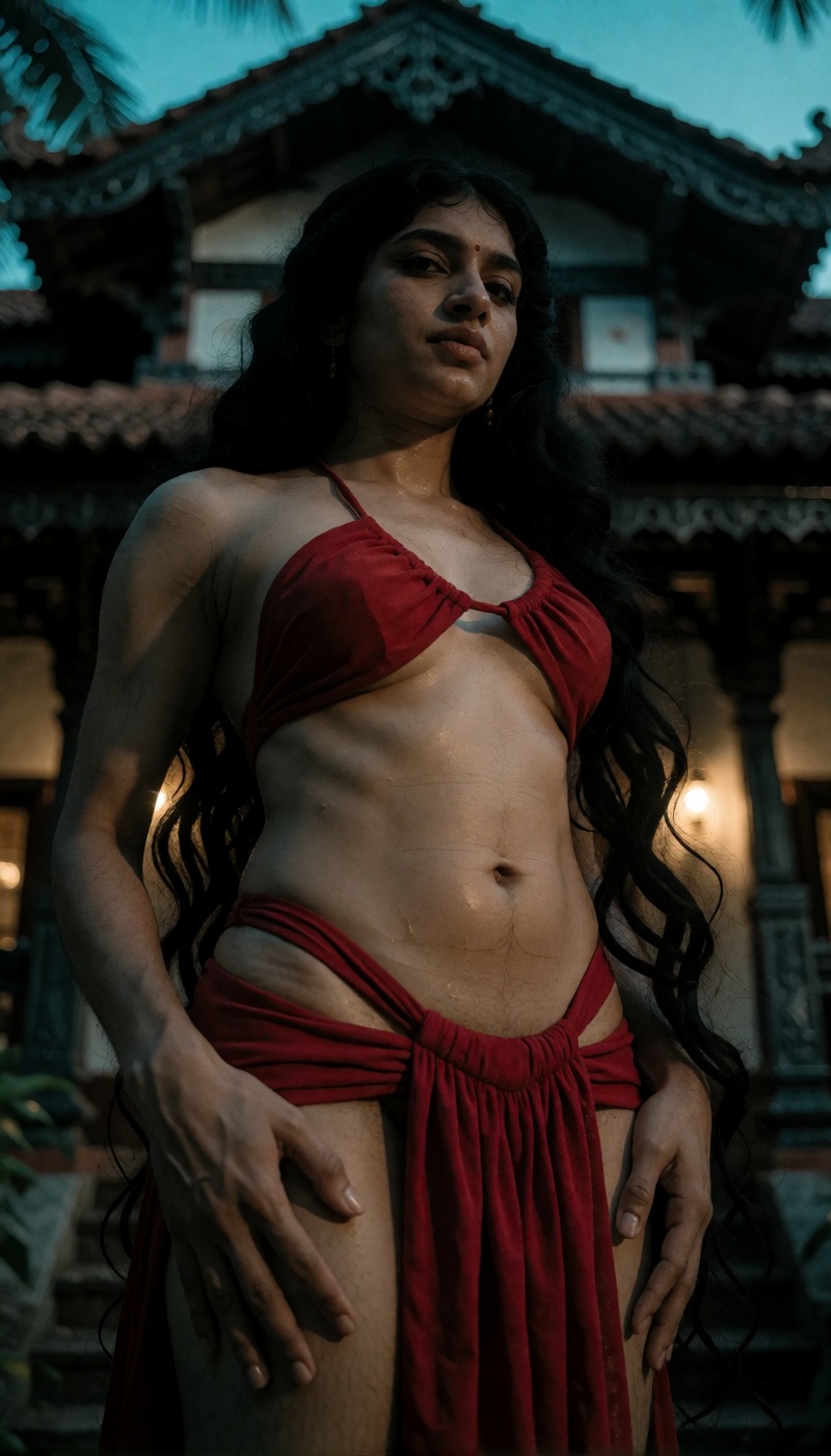 From ground level in a classic low-angle shot,  a transwoman with female skeletal frame and female look poses seductively...