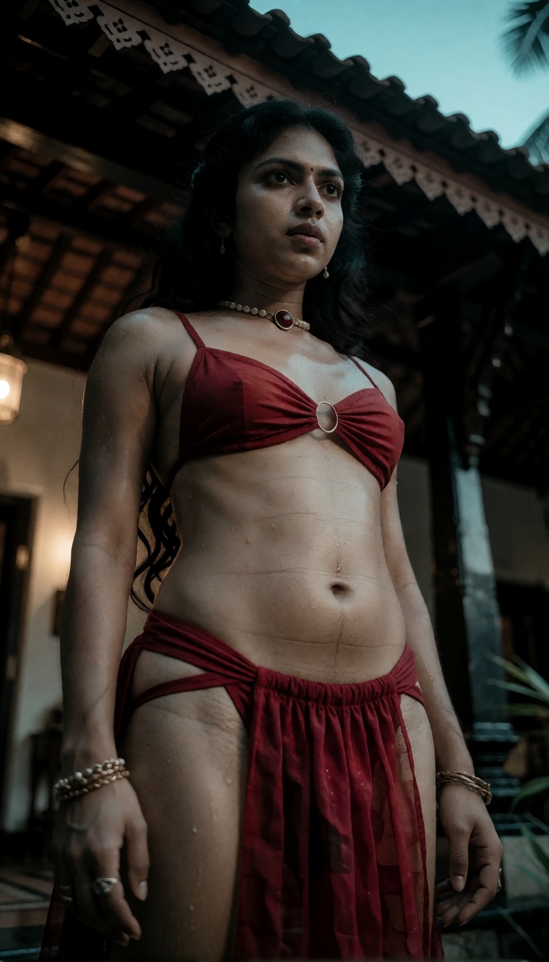 From ground level in a classic low-angle shot,  a transwoman with female skeletal frame and female look poses seductively...