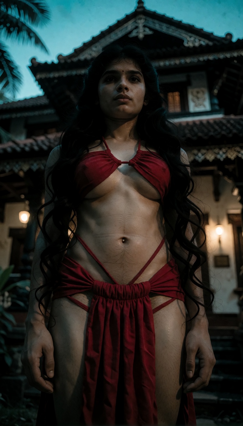 From ground level in a classic low-angle shot,  a transwoman with female skeletal frame and female look poses seductively...