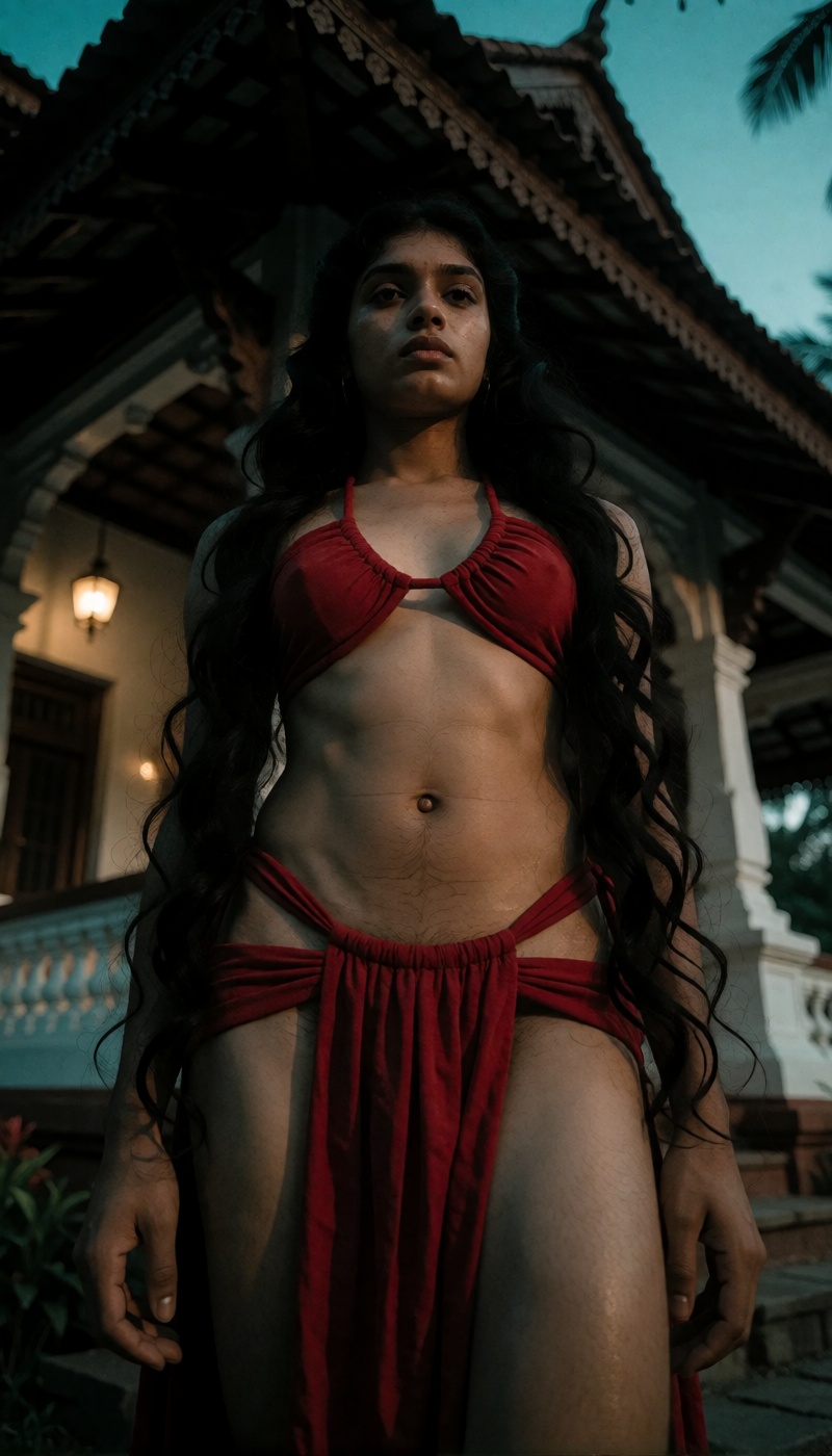 From ground level in a classic low-angle shot,  a transwoman with female skeletal frame and female look poses seductively...