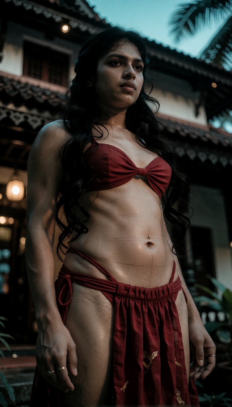 From ground level in a classic low-angle shot,  a transwoman with female skeletal frame and female look poses seductively...