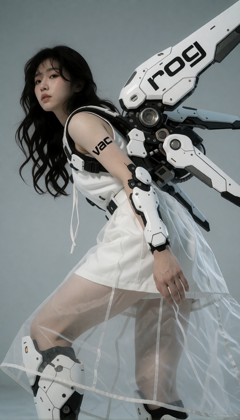 a young east asian woman posing in futuristic attire against a solid light gray background. she is equipped with a large w...